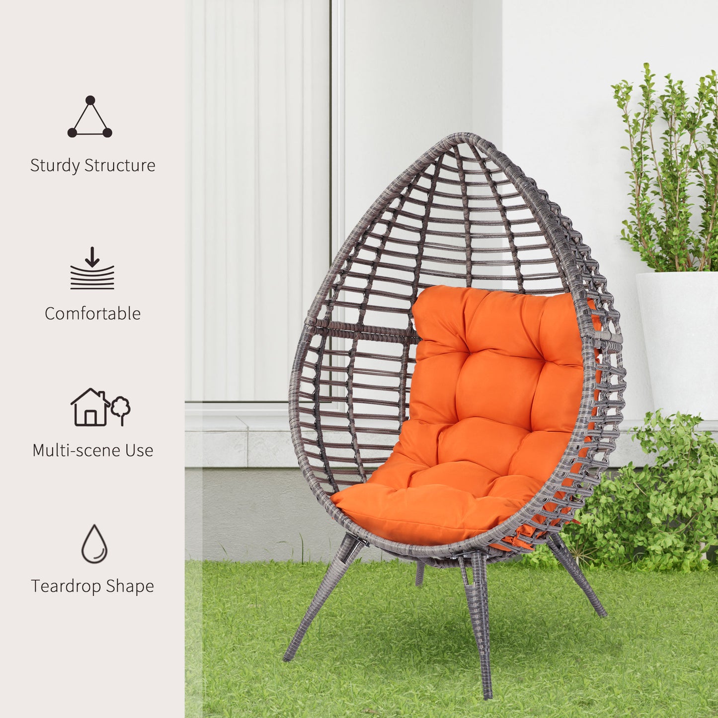 Wicker Egg Chair with Cushion - Teardrop Outdoor/Indoor Seat - Orange