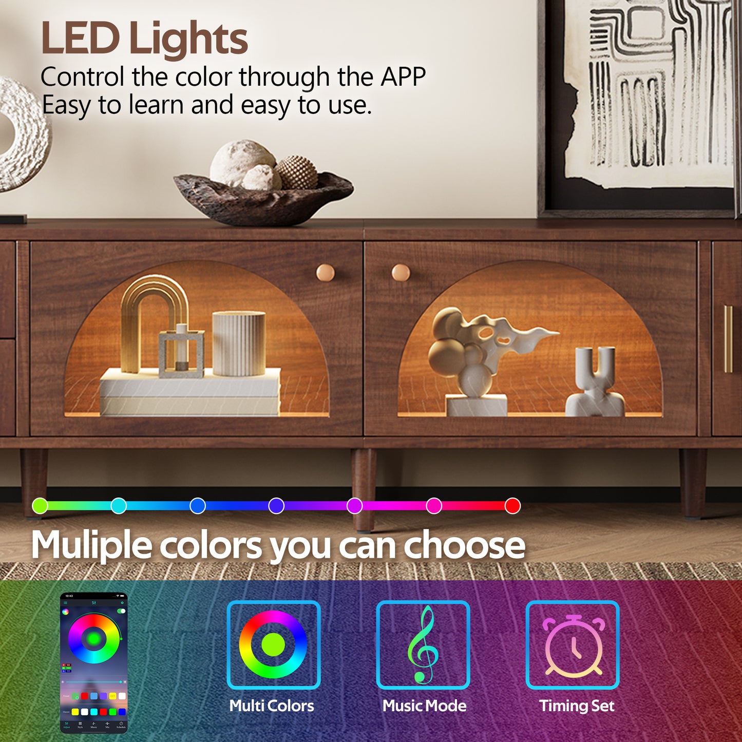 86 Inch TV Stand with App Controlled LED Lights - Dark Brown