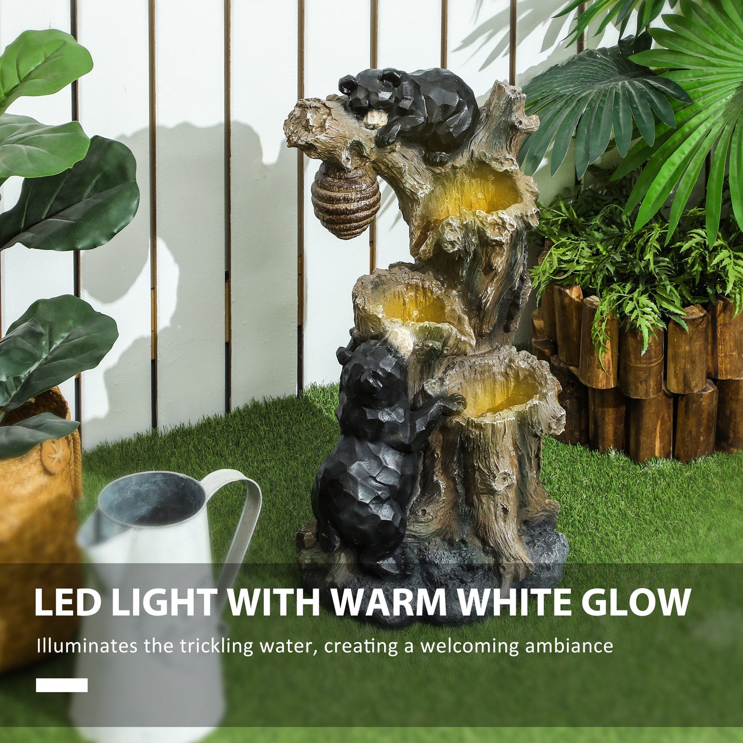 3-Tier Outdoor Fountain with LED Lights - Bear & Beehive Design