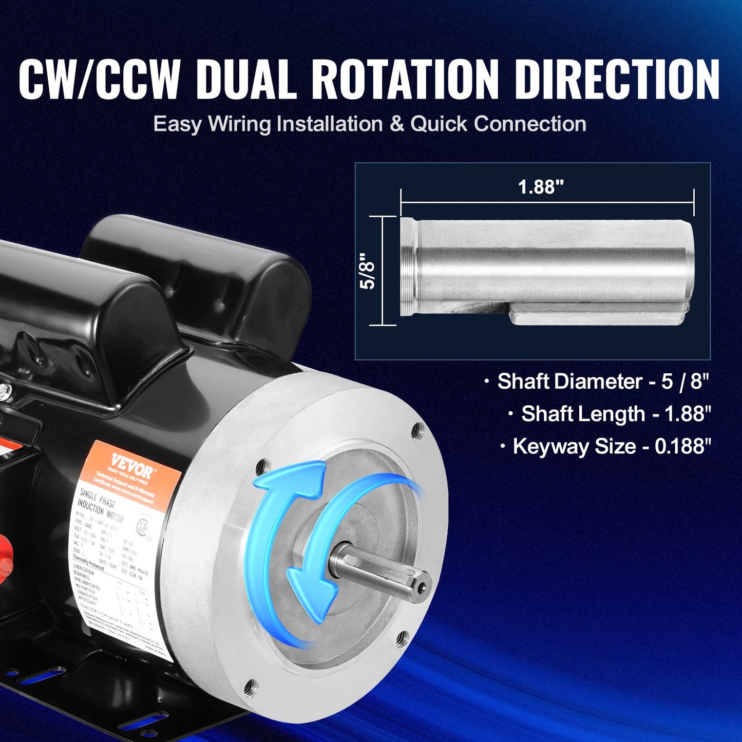1.5HP Electric Motor 1725 RPM AC 115V/230V CW/CCW Rotation 56C Frame