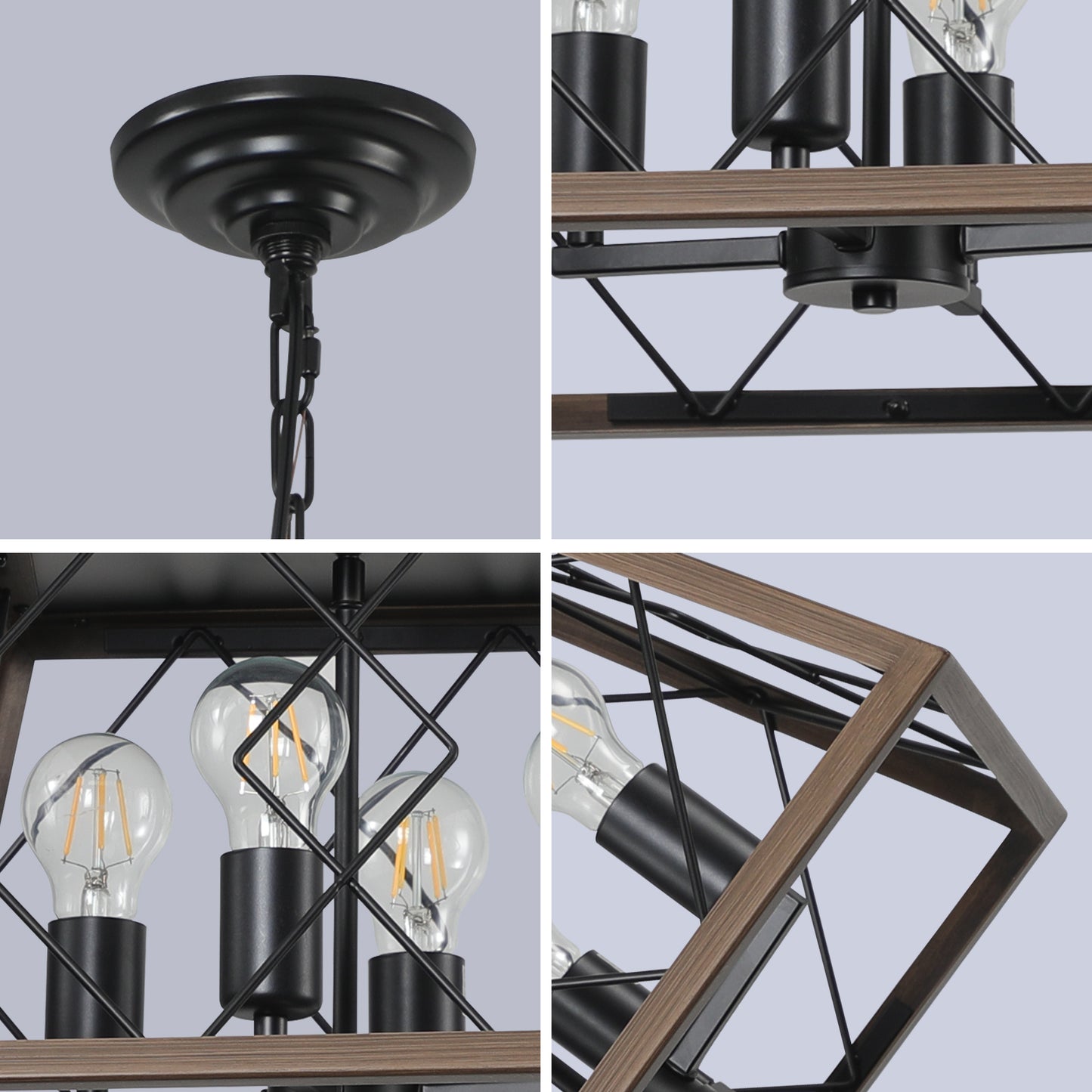 16-Inch Walnut Industrial 4-Light Pendant Chandelier - Adjustable Modern Design