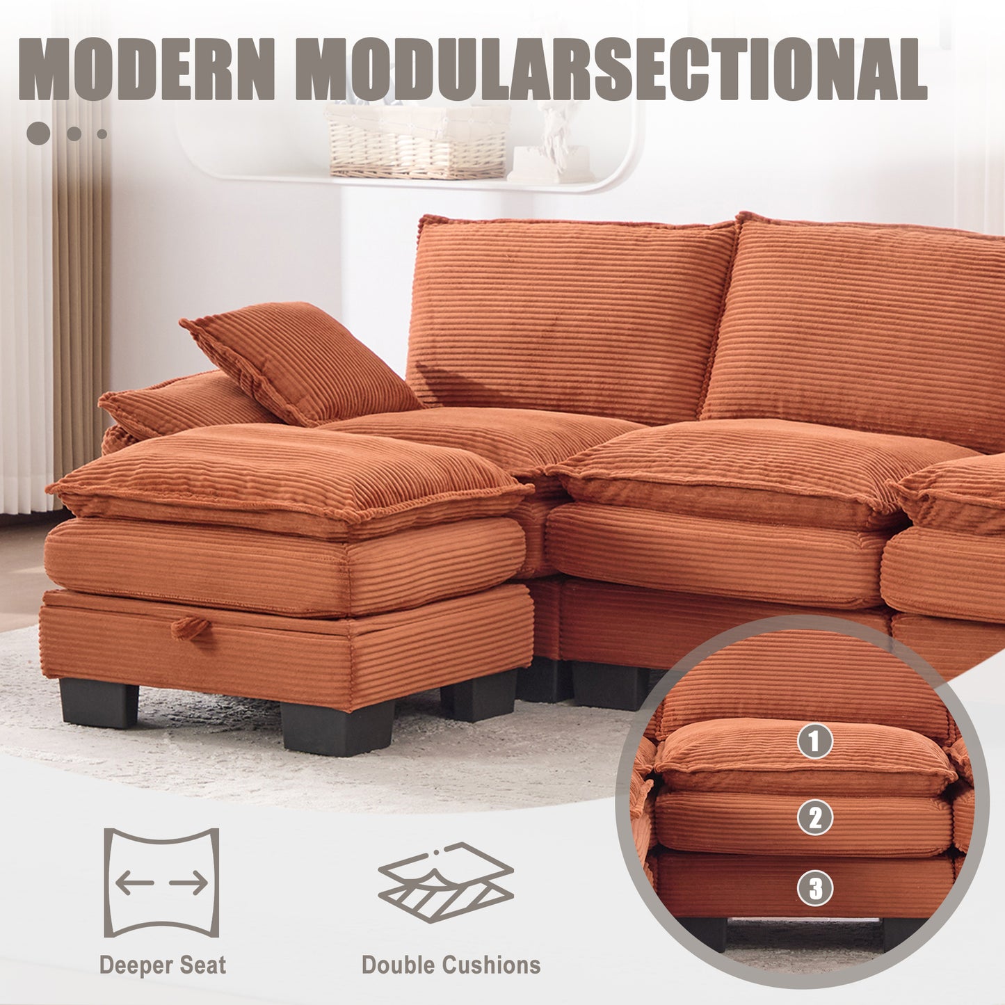 Modular Cloud Sofa - Deep Seat Corduroy Couch for Living Room - Orange