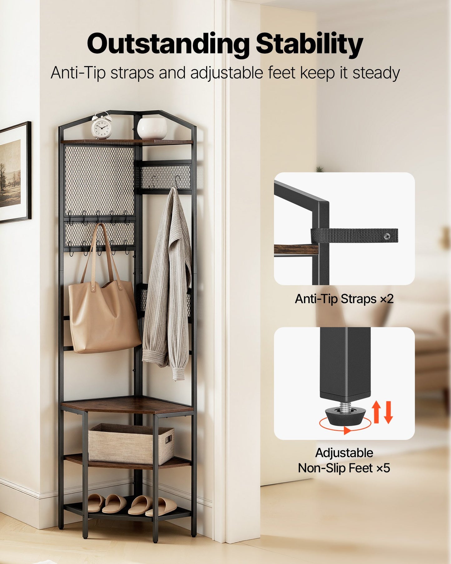Corner Coat Rack with Hooks & Top Shelf - 71.3 Inch Freestanding Storage Organizer