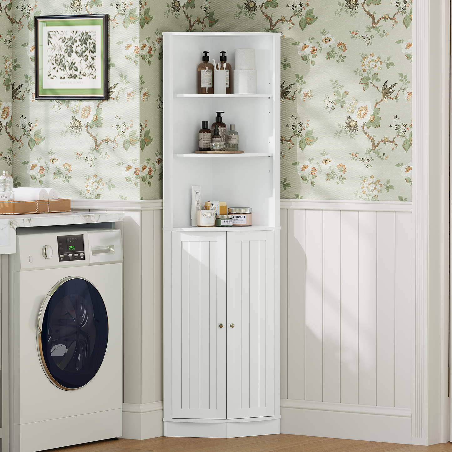 67" Tall Corner Cabinet with 2 Doors and Adjustable Shelves - White
