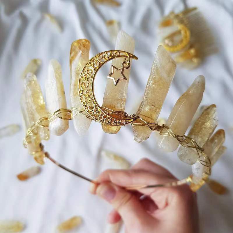 Natural Topaz Crown Hair Band Moon Hair Accessory Handmade Jewelry