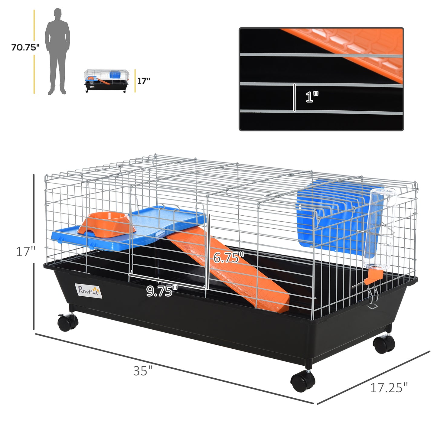 Small Animal Cage with Food Dish Water Bottle and Ramp - Black, 35 Inches