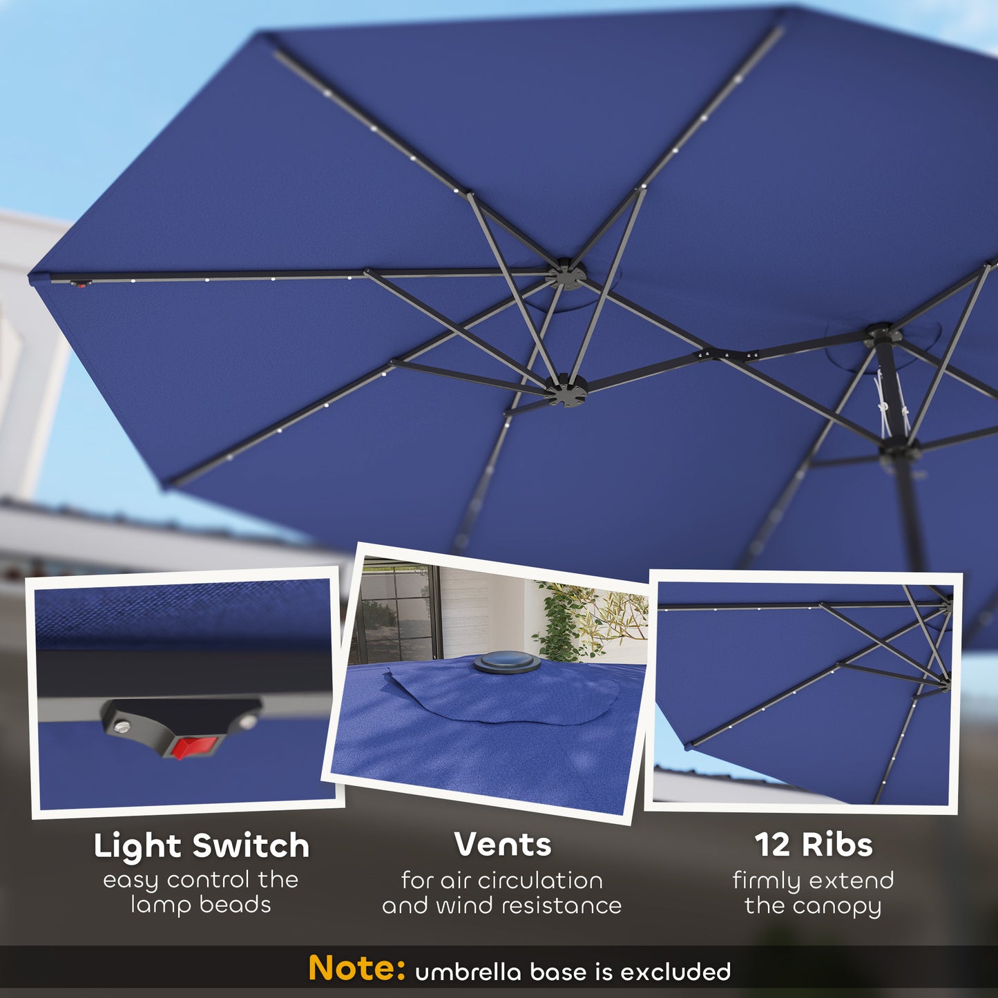 Double-Sided Patio Parasol with Solar LED Lights - Navy Blue