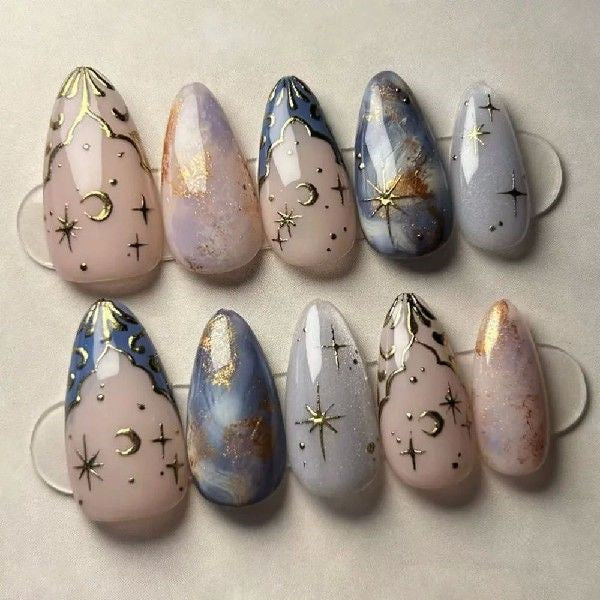 24Pcs Long Almond False Nail Set with Flowers for Manicure - W1997 Style