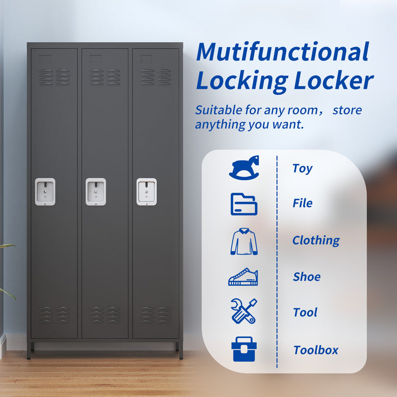 3-Door Metal Storage Locker with Locks - Gray & Black