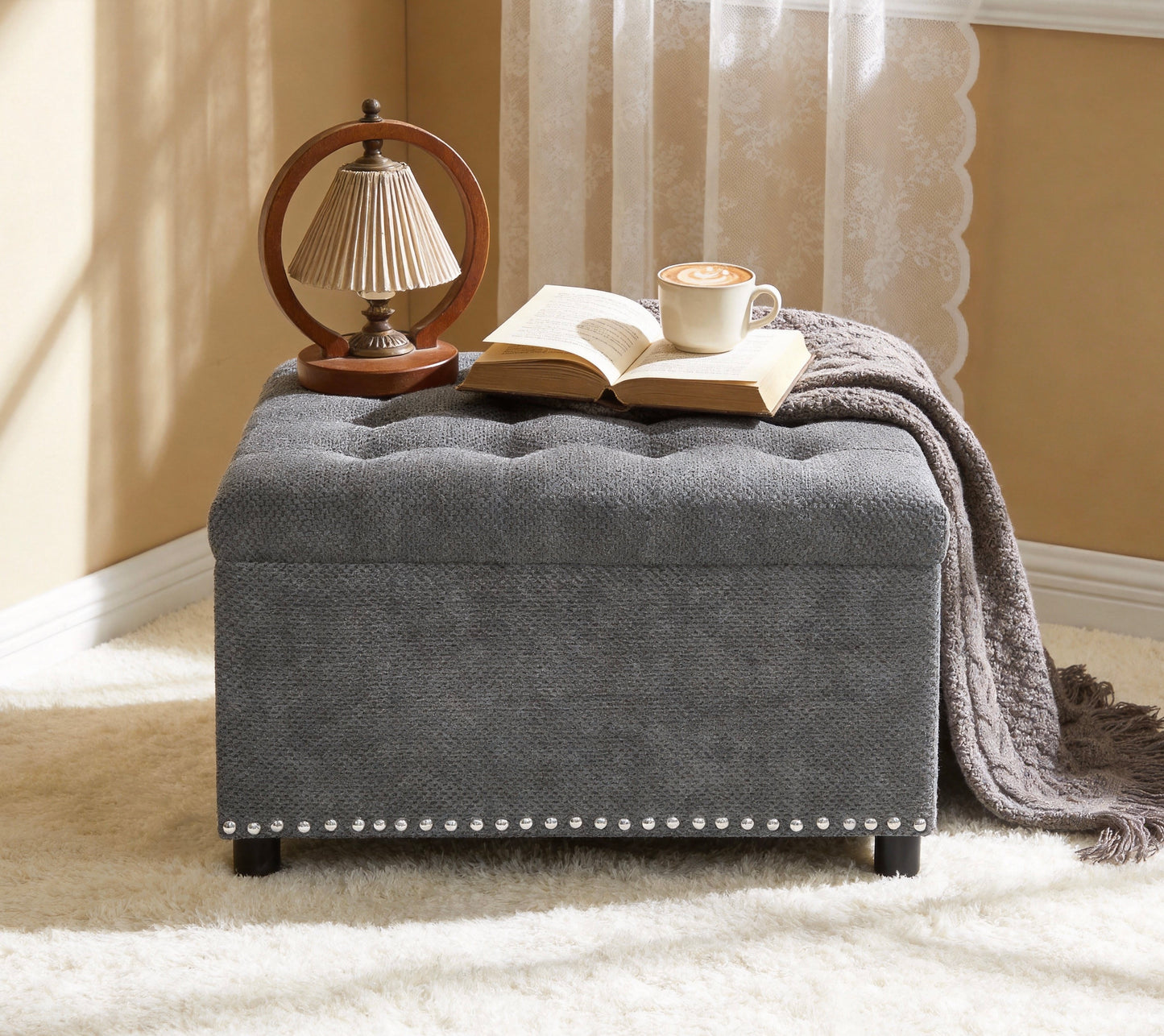 Light Gray Tufted Storage Ottoman with Nailhead Trim - Square