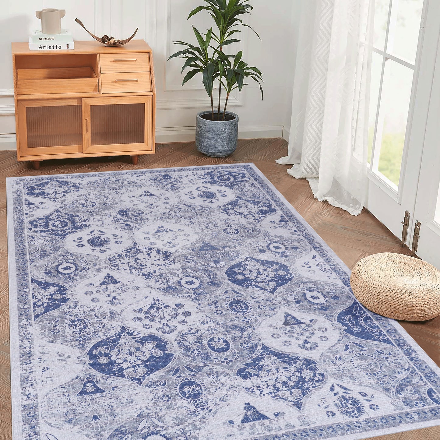 Blue Washable Area Rug - 4' x 6' Polyester Chenille