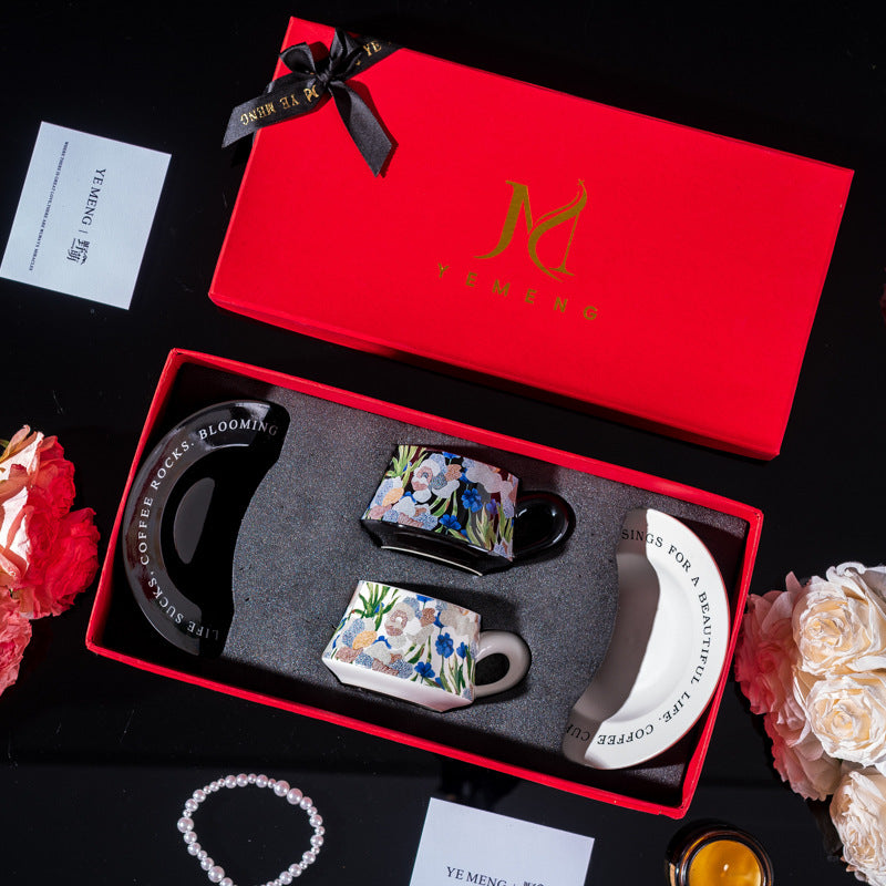 Elegant Iris Flower Ceramic Coffee Cup Set with Gift Box - Multiple Styles & Sizes