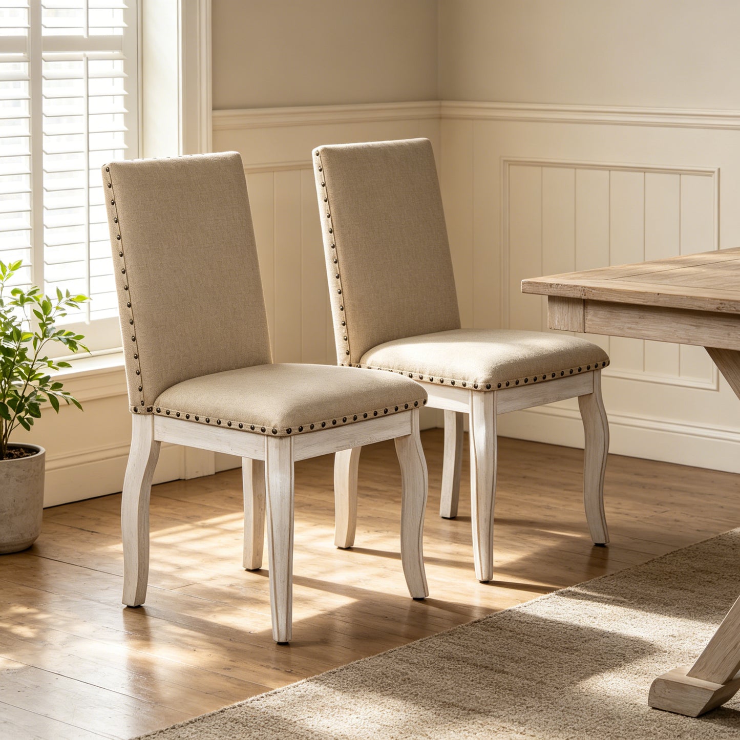 Set of 2 Upholstered Dining Chairs with Nailhead - Antique White