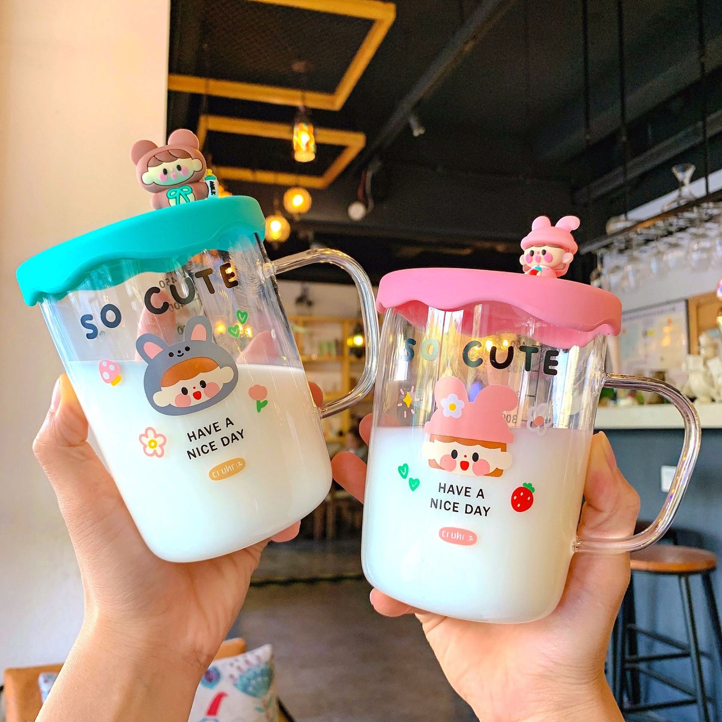 Creative Cartoon Girl Glass Cup 500ml - Colorful Handcrafted Drinking Mug