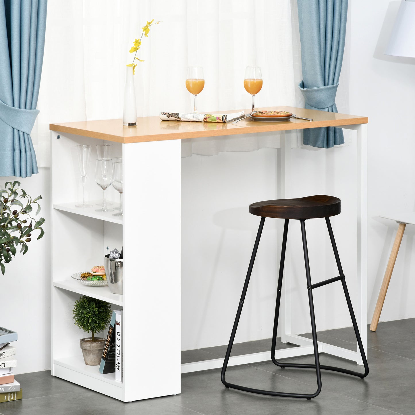 Modern Bar Table with 3 Storage Shelves - White Kitchen Dining Table