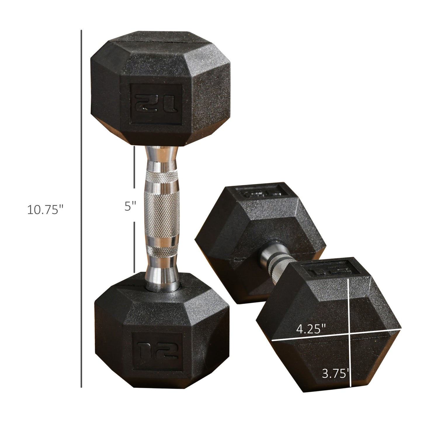 Hex Rubber Dumbbell Set - Non-Rolling Free Weights, 24 lbs