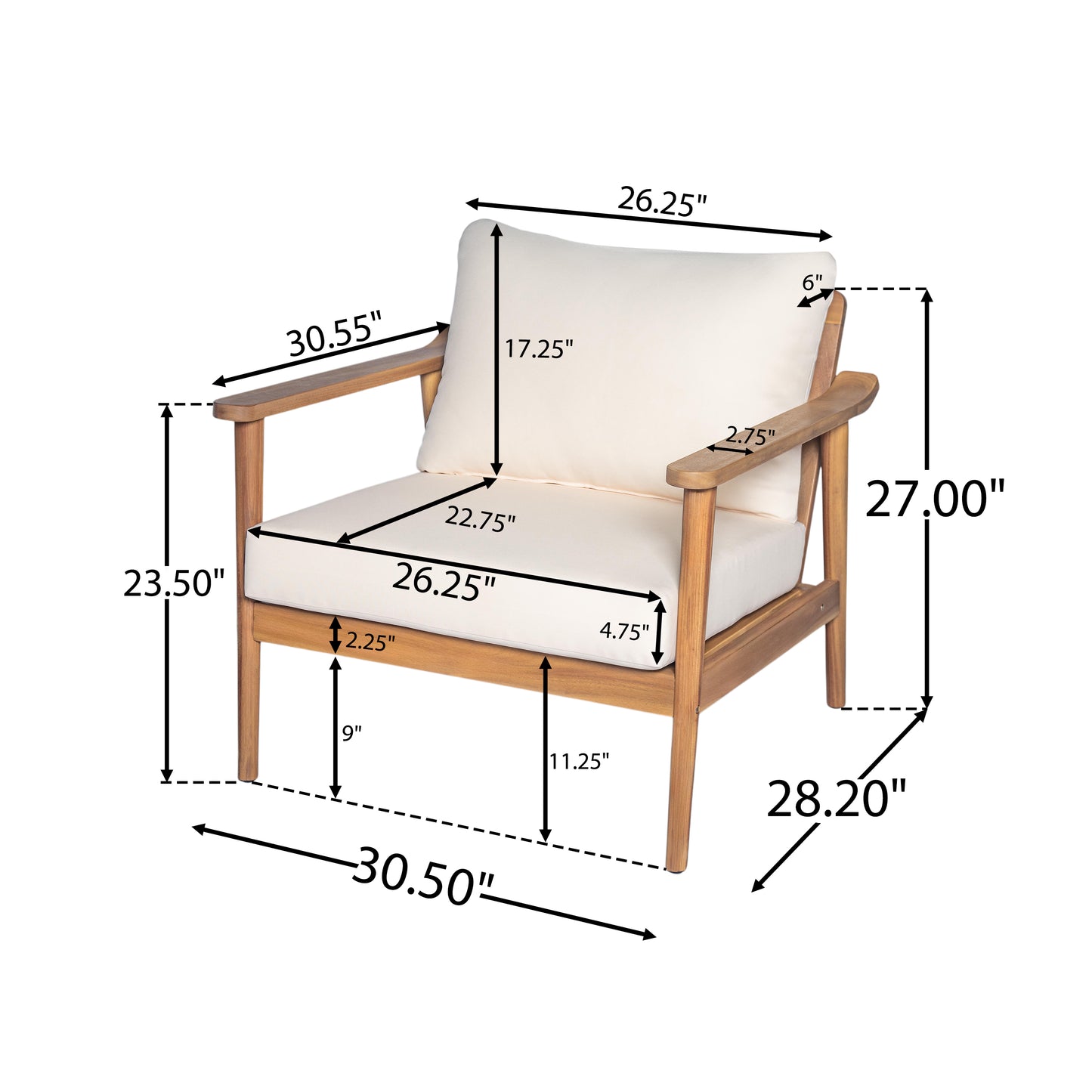 30.5 Mid-Century Modern Outdoor Lounge Chair With Cushions -Stylish