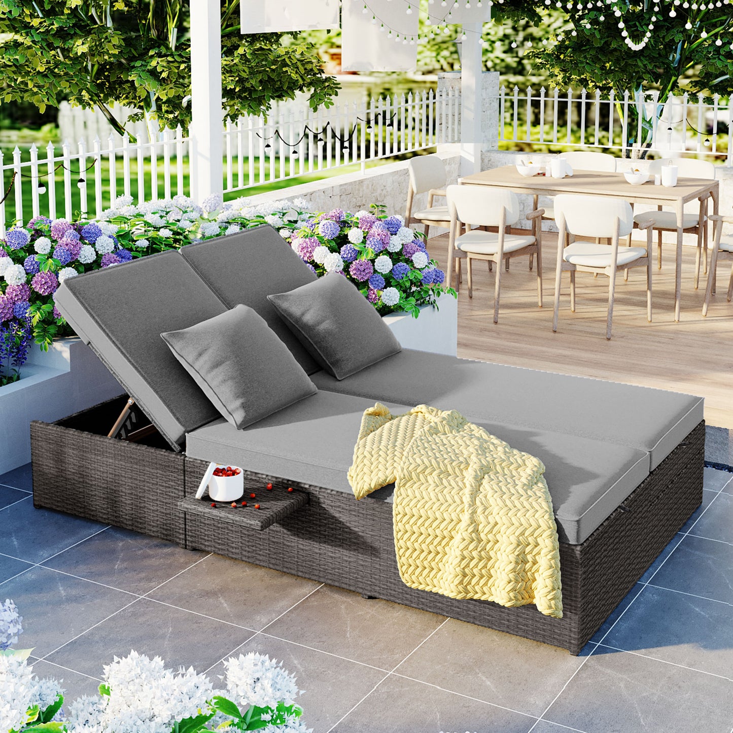 Outdoor Double Sunbed - Wicker Rattan Reclining Chairs for 2, Gray