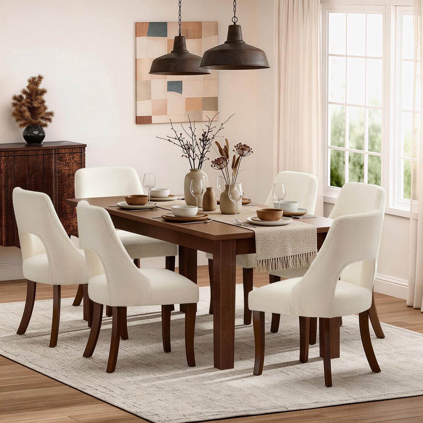 Upholstered Dining Chair Set of 2 - Beige Chenille & Wood Legs