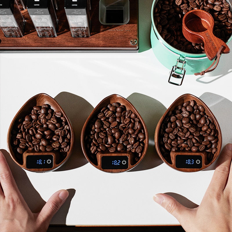 Electronic Coffee Scale with Walnut Finish for Pour-Over Coffee Brewing