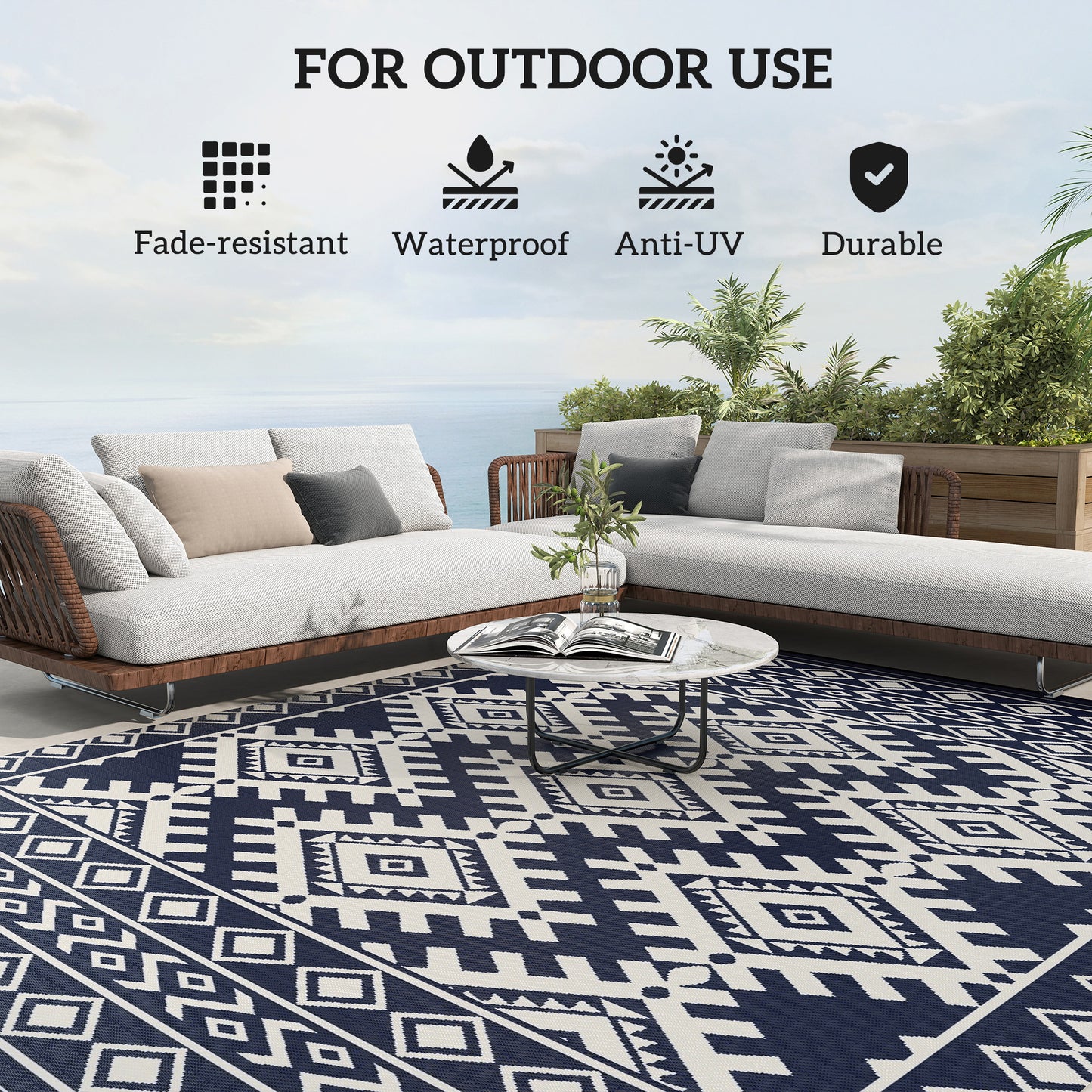 Reversible Outdoor Rug - Waterproof Plastic Straw, 8' x 10', Blue & White Rhombus