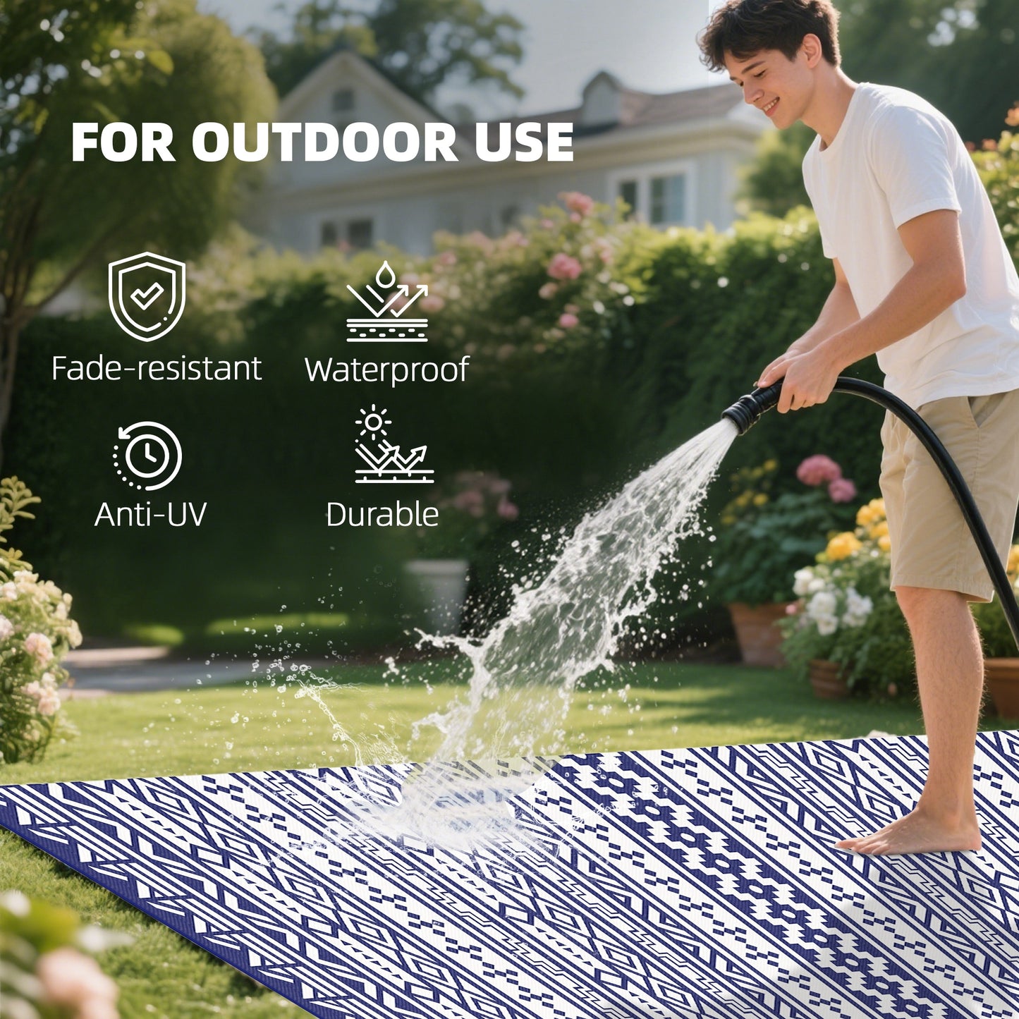 Reversible Waterproof Outdoor Rug - Blue & White Geometric 9x18