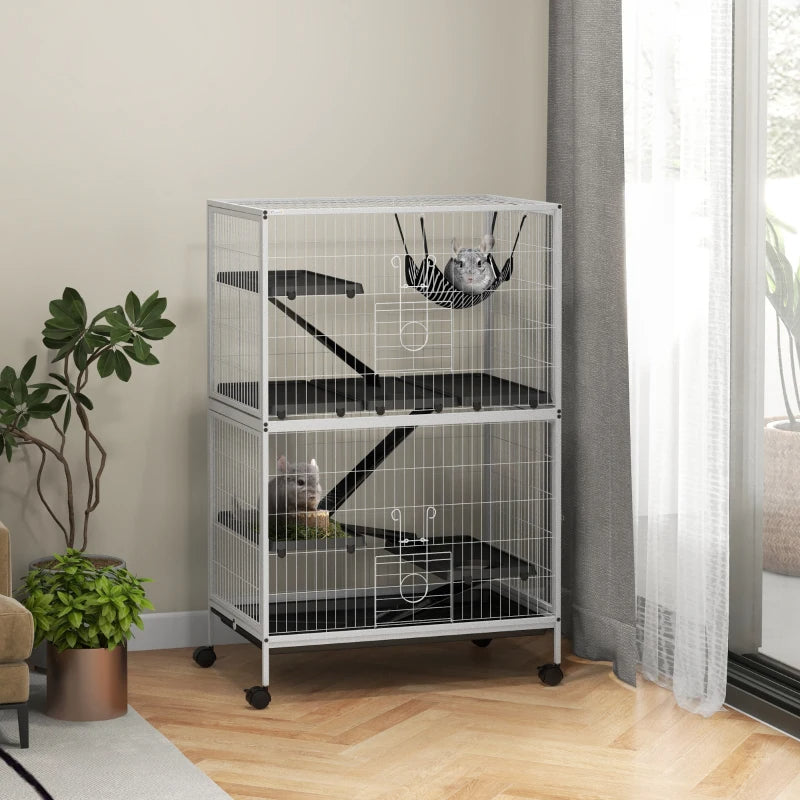 Small Animal Cage with Hammock - 4 Doors, Removable Tray, White