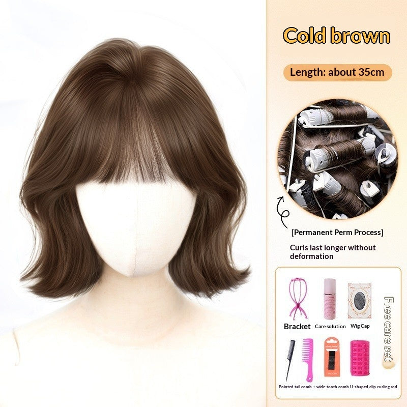Lightly Curled Synthetic Wig Set with Blunt Bangs - Natural Look for Women
