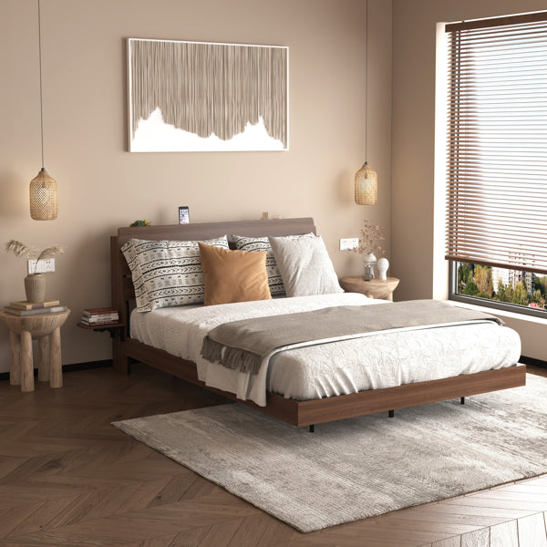 Queen Floating Bed Frame with LED Lights & Charging Station