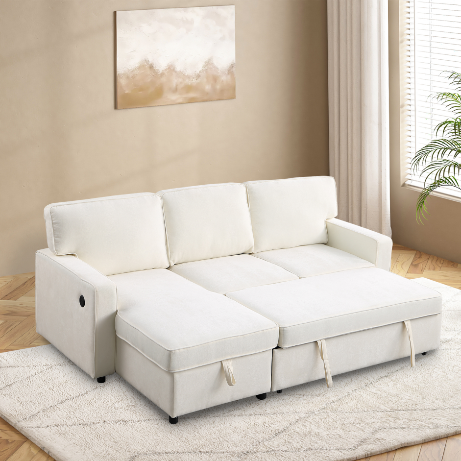 Upholstery Sleeper Sectional Sofa with Storage & USB Port - Beige
