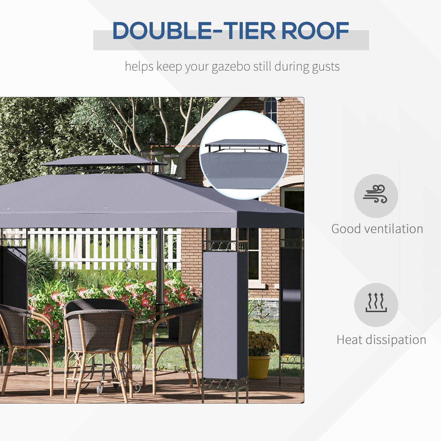 10x13 Gray Patio Gazebo - Double Roof Canopy Shelter with Screen