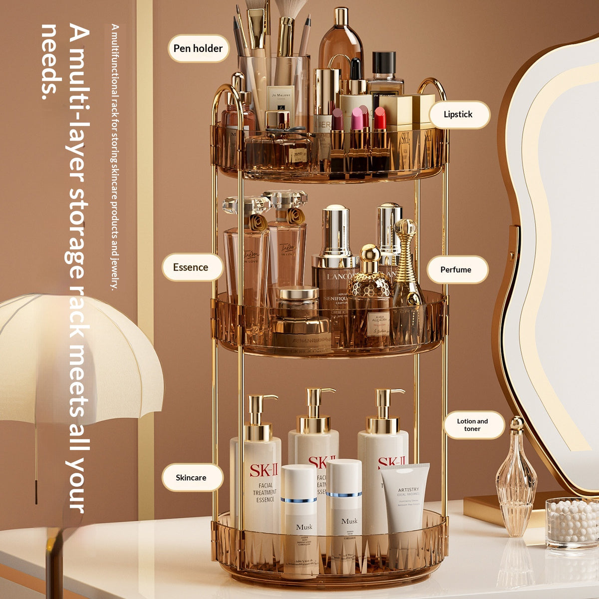 Desktop Vanity Makeup and Skincare Organizer Rack with Multi-Tier Storage