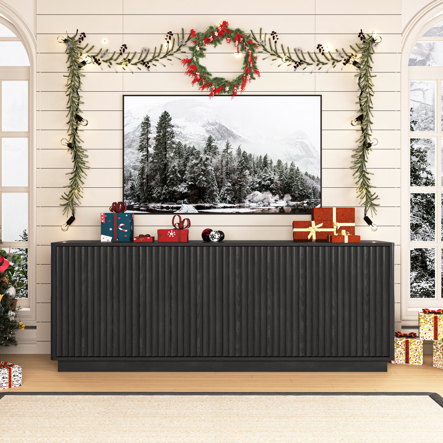 Buffet Storage Cabinet - 62.99" Wooden Sideboard with 4 Doors - Black