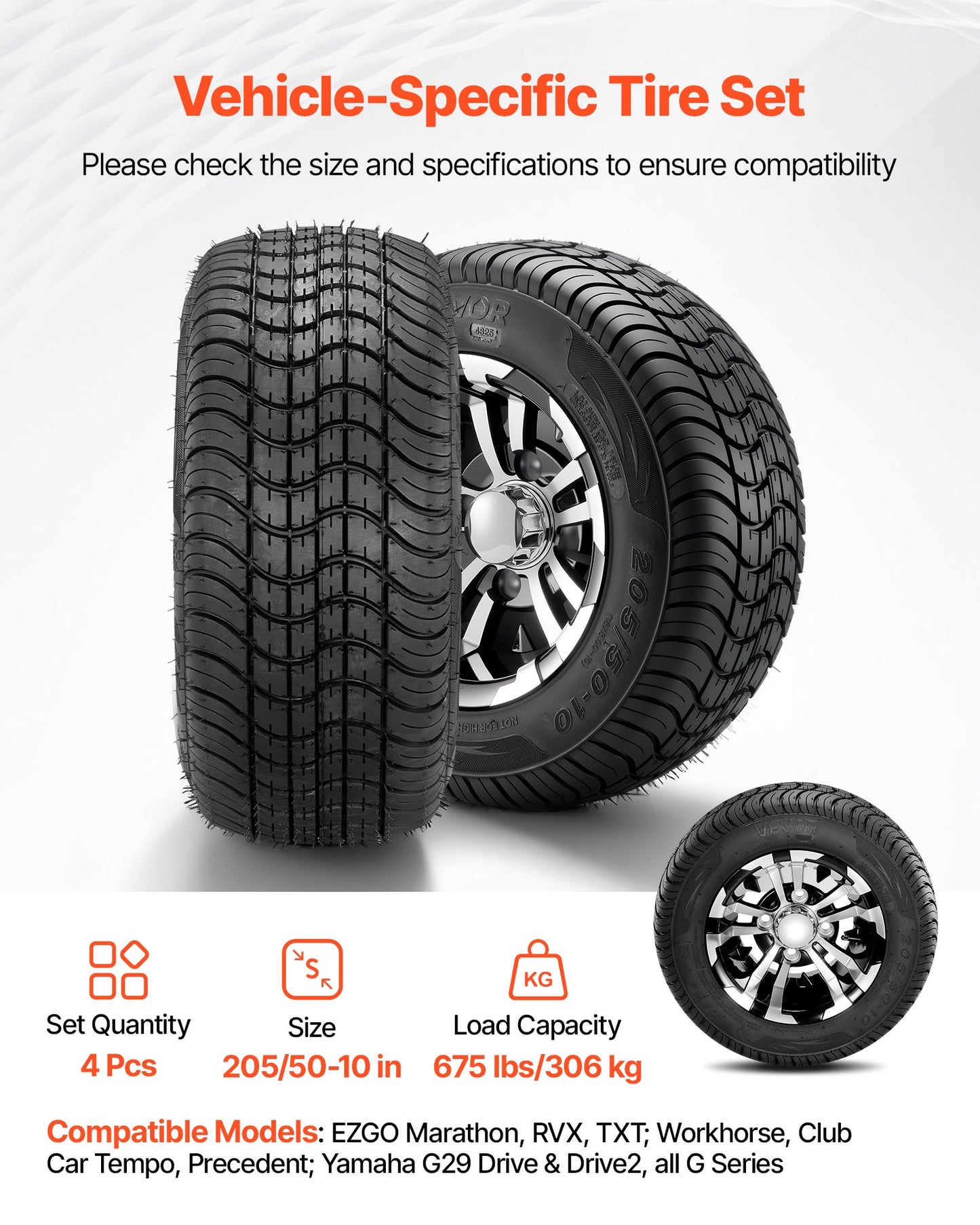 10-Inch Aluminum Alloy Golf Cart Wheels & Tires Set - All-Terrain 205/50-10 Fits EZGO Club Car Yamaha