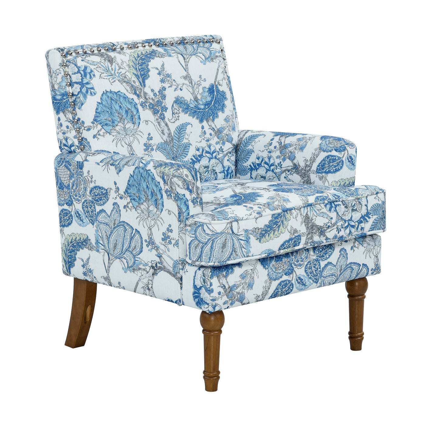 Floral Accent Chair with Nailhead Trim - Blue & White