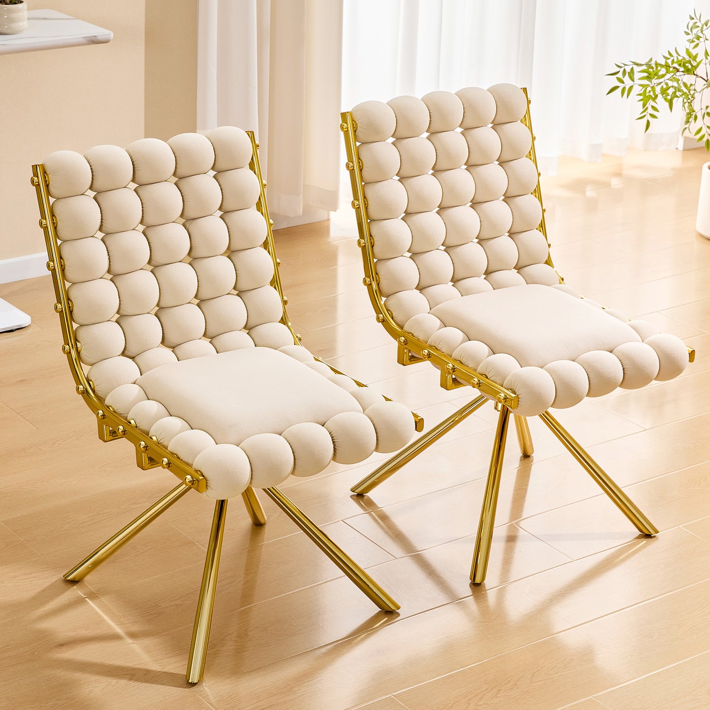 Set of 2 Cream Velvet Bubble Tufted Swivel Accent Chairs