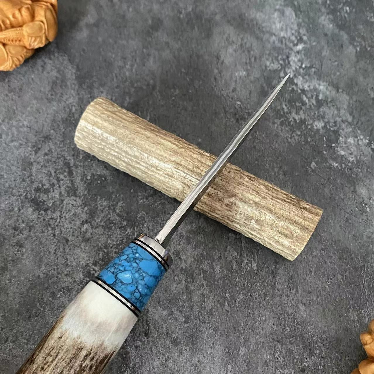 Turquoise Antler Handle Damascus Steel Kitchen Knife - Straight & Horse Variants
