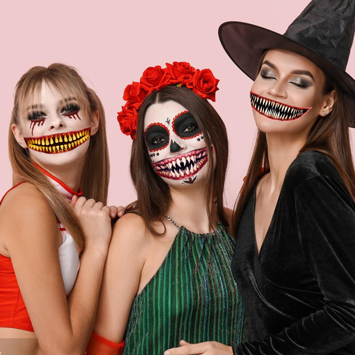 18 Sheets Halloween Temporary Tattoo Stickers - Scary Mouth Designs