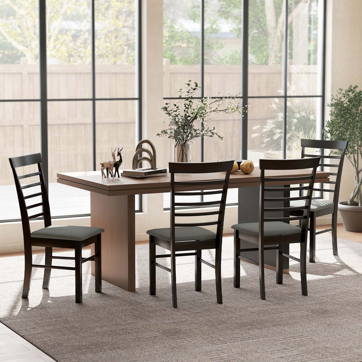 Set of 4 Farmhouse Dining Chairs - Upholstered Rubber Wood Frame in Black & Gray