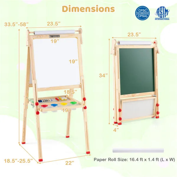 3-in-1 Kids Art Easel with Magnetic Whiteboard & Chalkboard - Adjustable Height