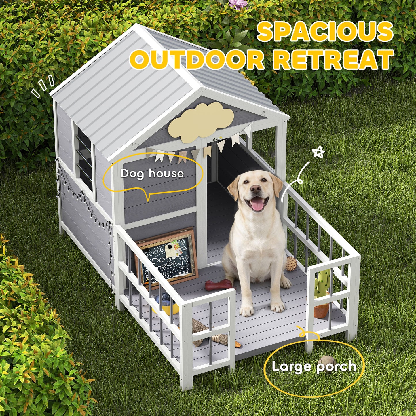 Large Wooden Outdoor Dog House with Porch & Weatherproof Roof - Gray