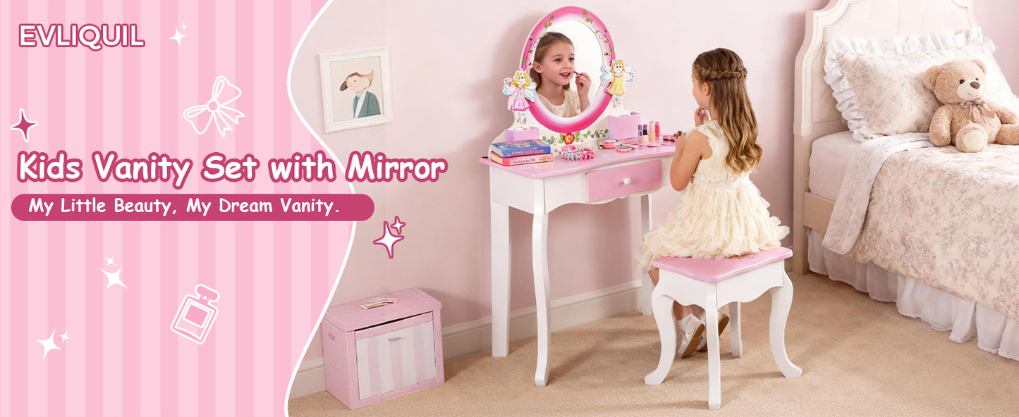 Kids Vanity Set Floral Printed Wooden Makeup Dressing Princess Table