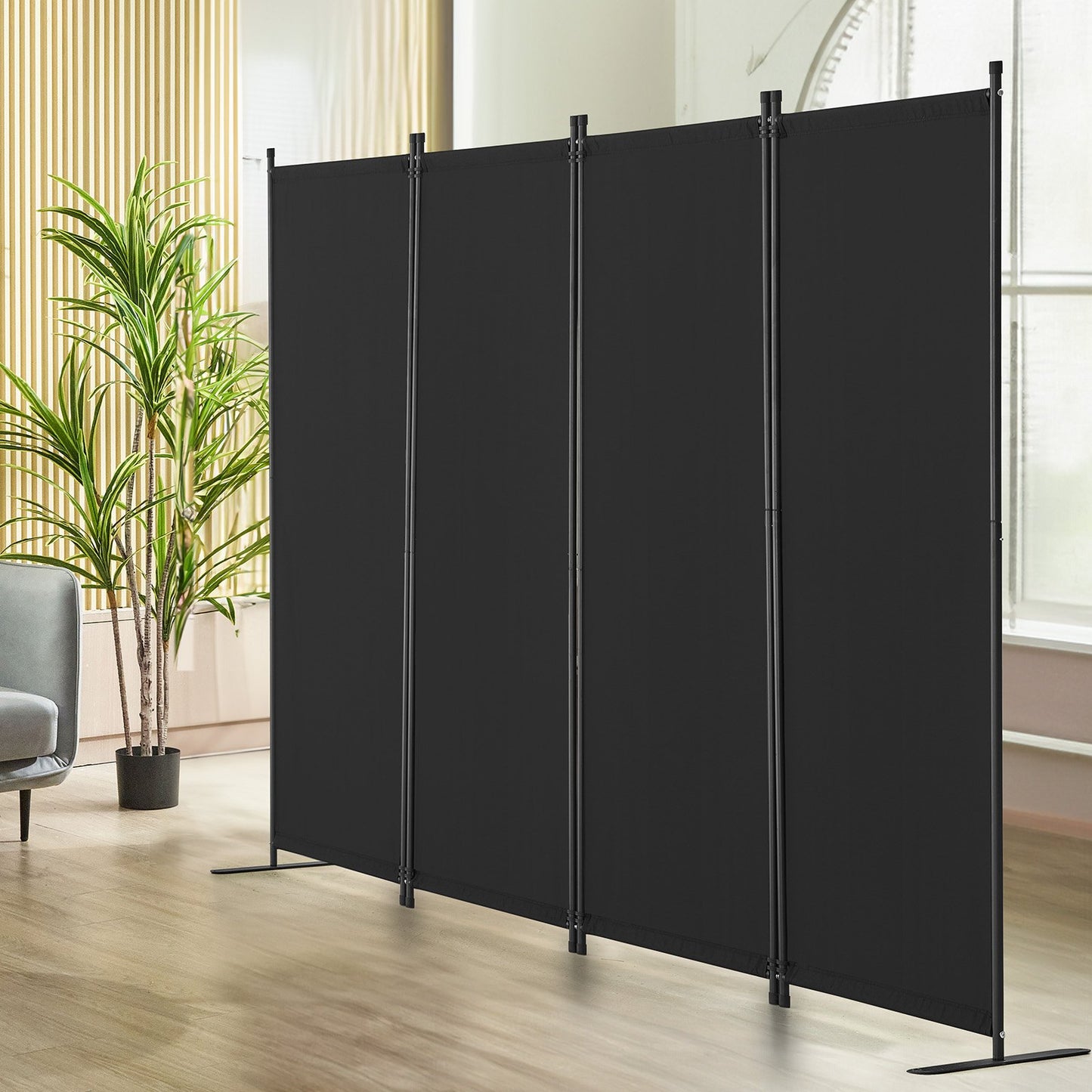 4-Panel Room Divider - Black Fabric Privacy Screen, 89.8x67.9in