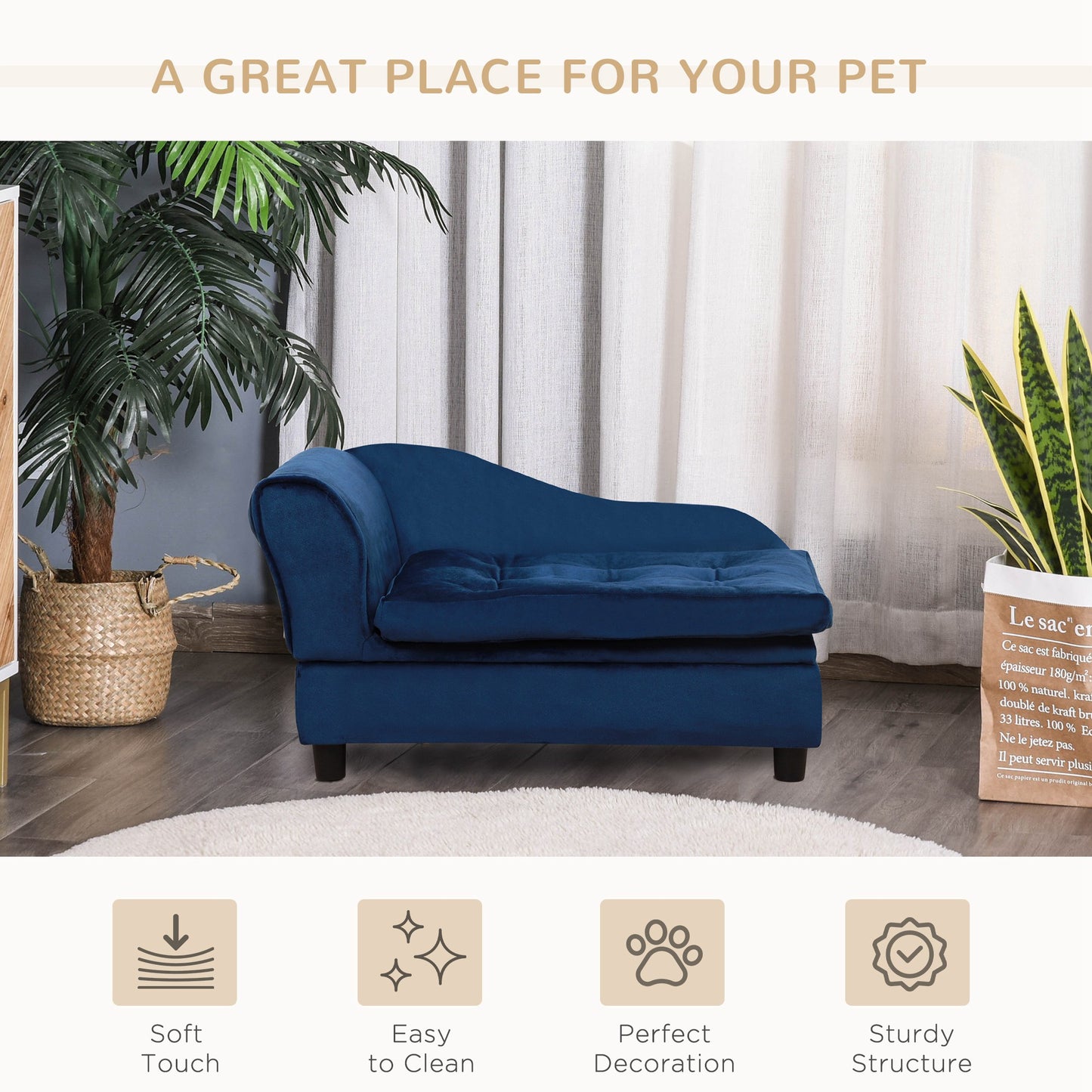 Small Dog Bed with Hidden Storage - Modern Pet Sofa with Soft Foam & Blue Finish
