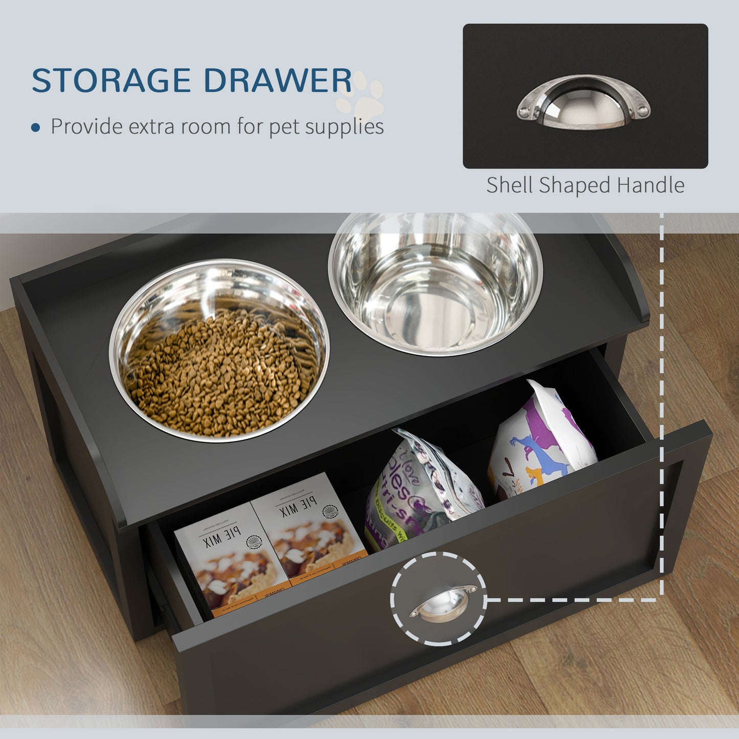 Elevated Dog Feeding Station with Storage - Large Size Black Pet Bowl Set