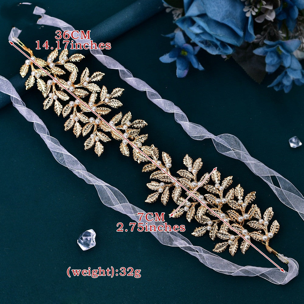 Gold Leaf Pearl Hair Band with White Organza Ribbon - Elegant Hair Accessories