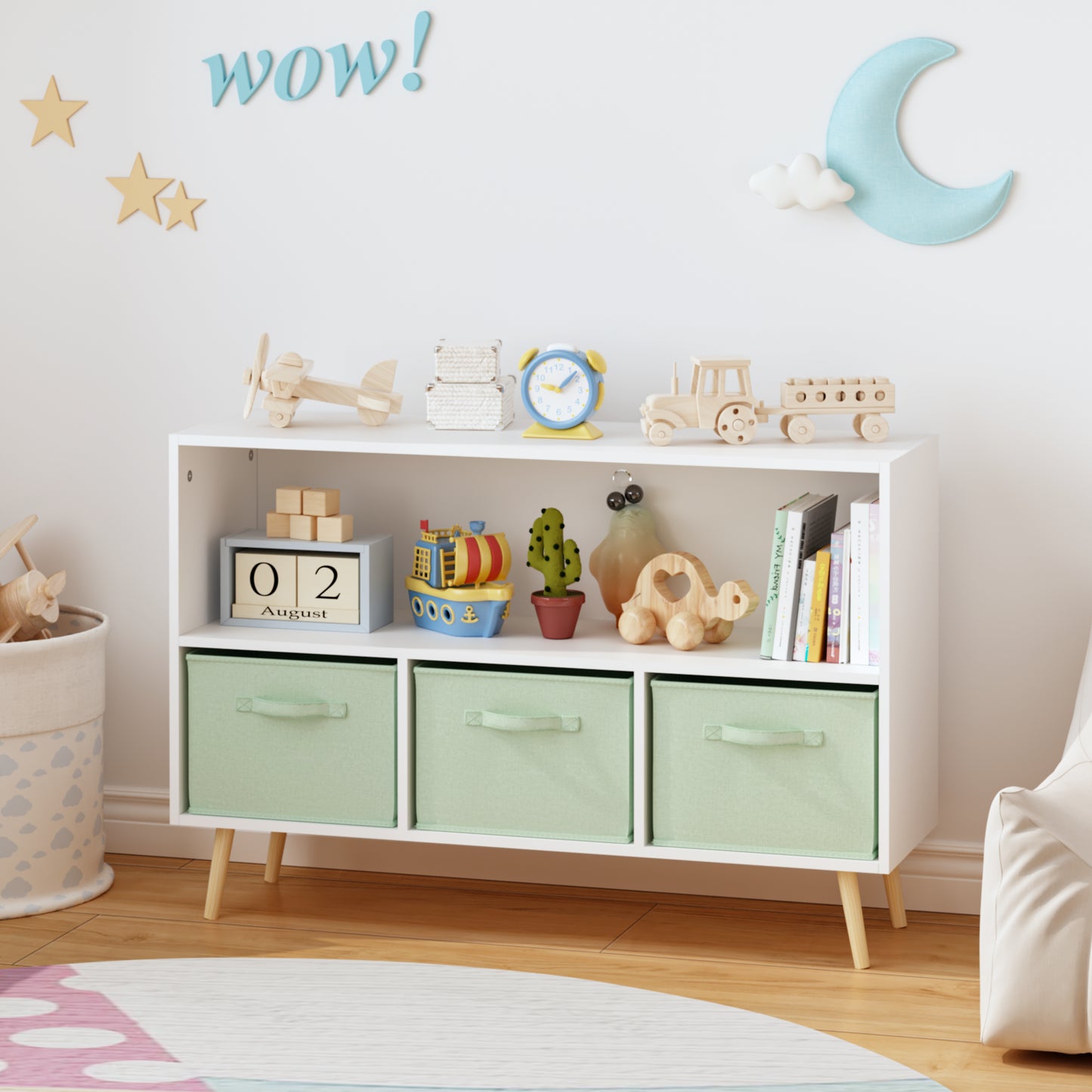 Kids Bookcase with Collapsible Fabric Drawers - White & Green