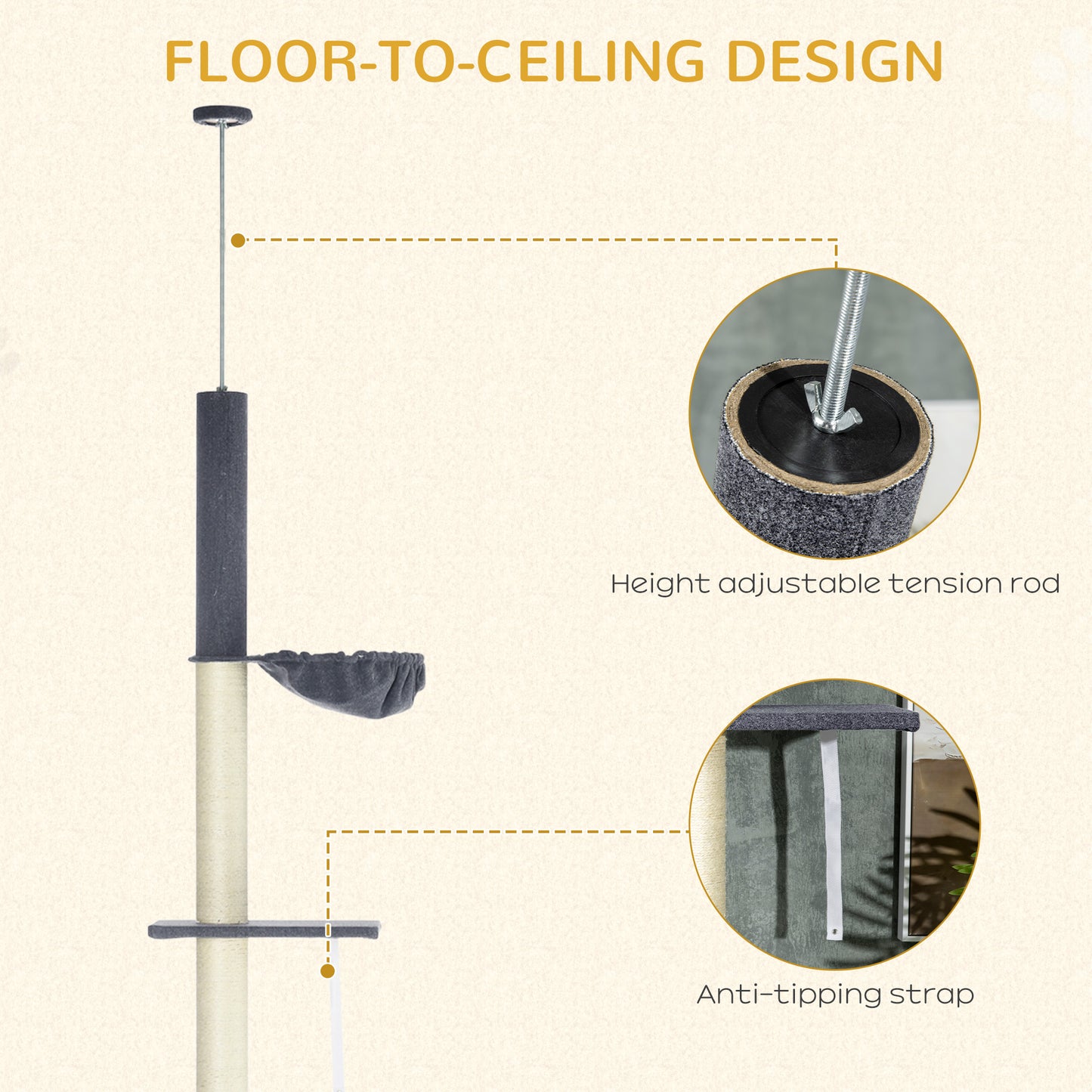 Adjustable 5-Tier Cat Tree with Cozy Bed, Hammock & Scratching Posts - Dark Gray & Cream