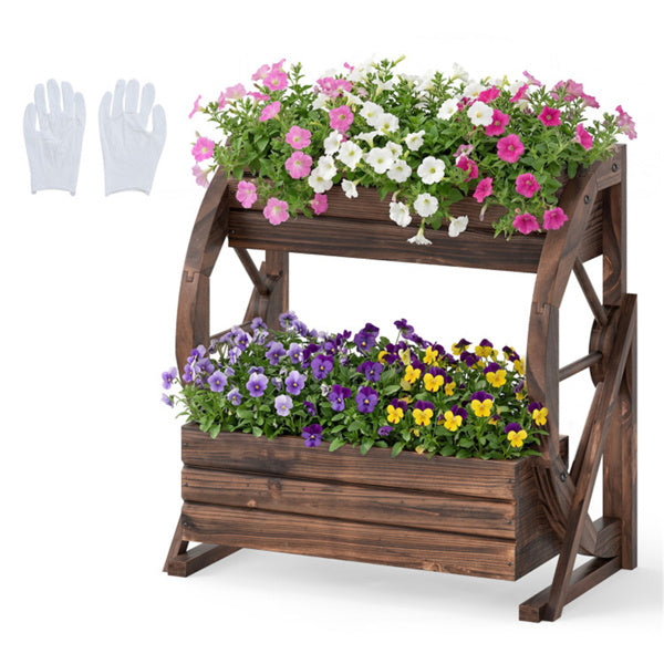 2-Tier Vertical Raised Garden Bed with Burned Finish - Rustic Wooden Planter for Weddings and Garden Decor