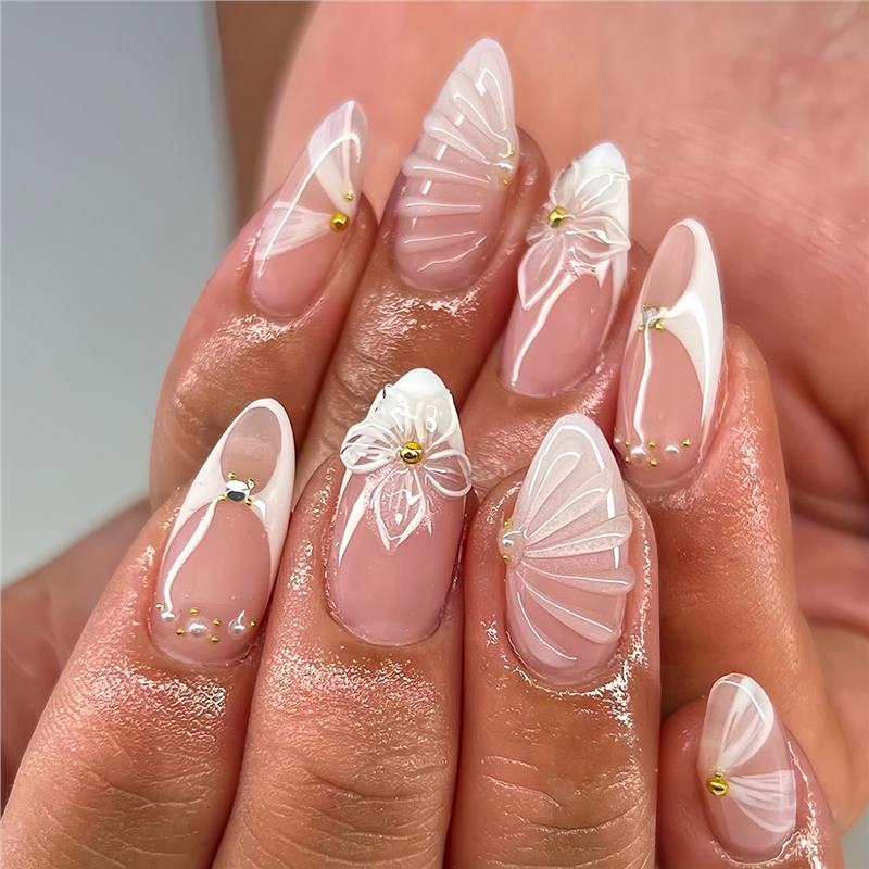 Fake Nail Set with Water Ripple Design - White & AA214 Style